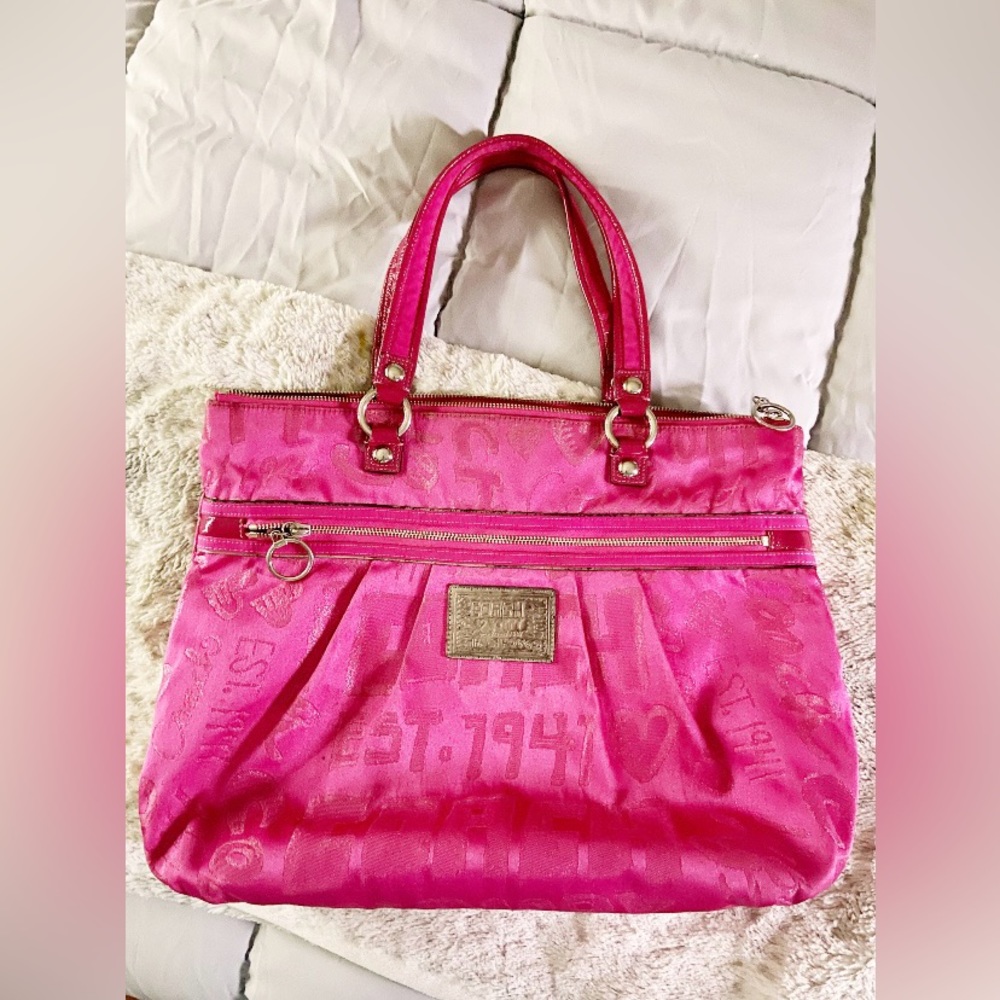 Coach Poppy bright pink handbag purse tote bag size medium large neon color pink - Picture 14 of 16